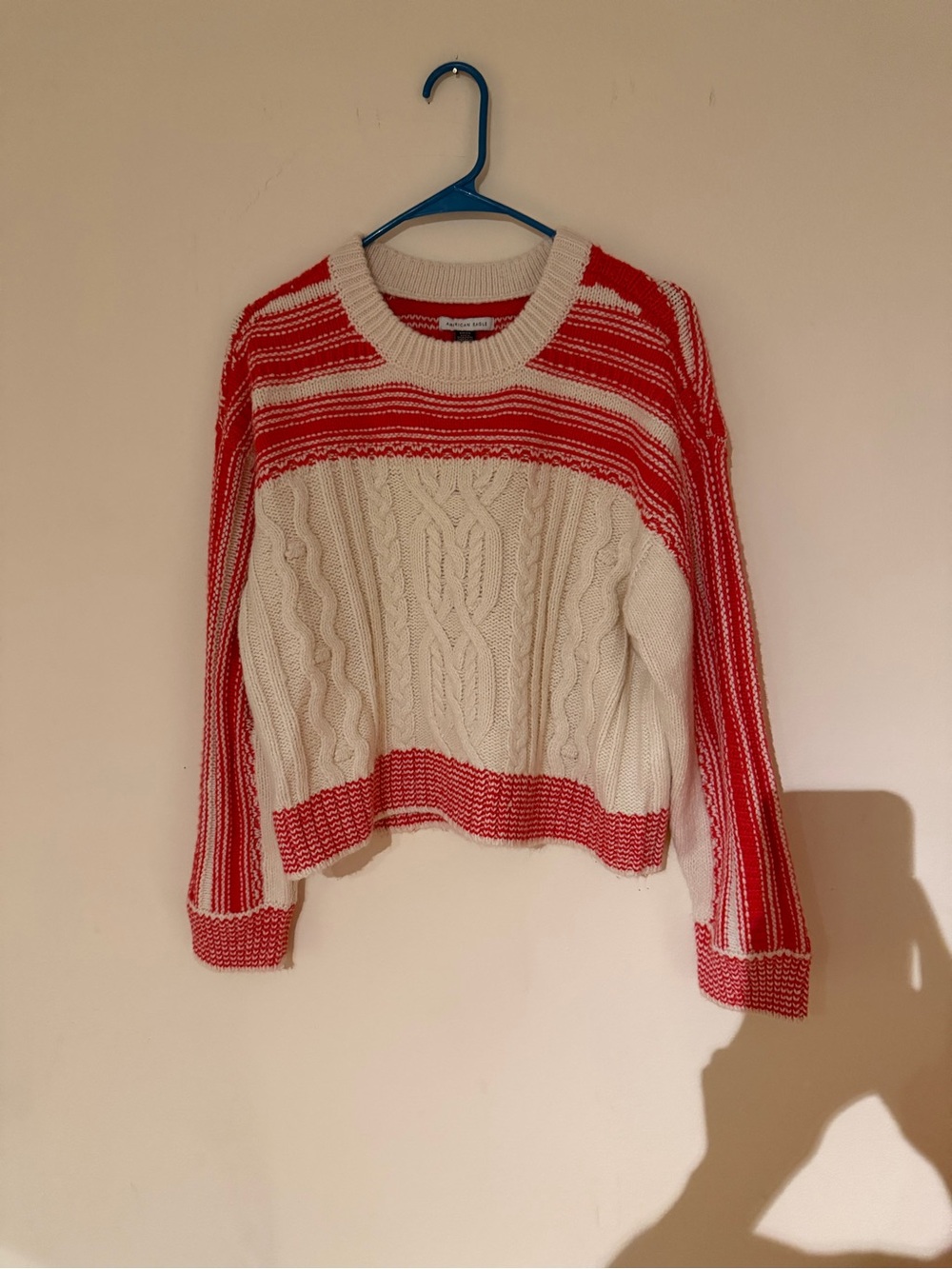 American Eagle Outfitters Red & Cream Cable Stripe Crewneck Sweater